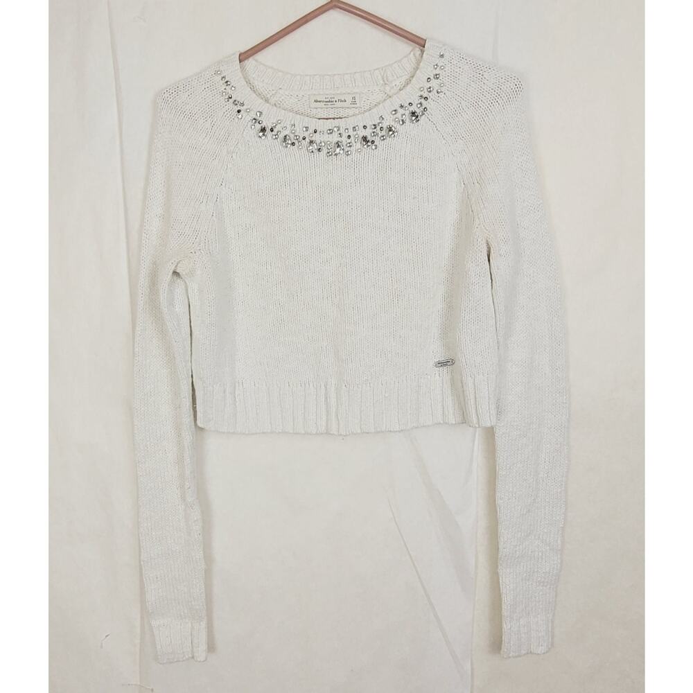 Vintage Abercrombie and Fitch cream jeweled neck cropped sweater Size XS Preppy
